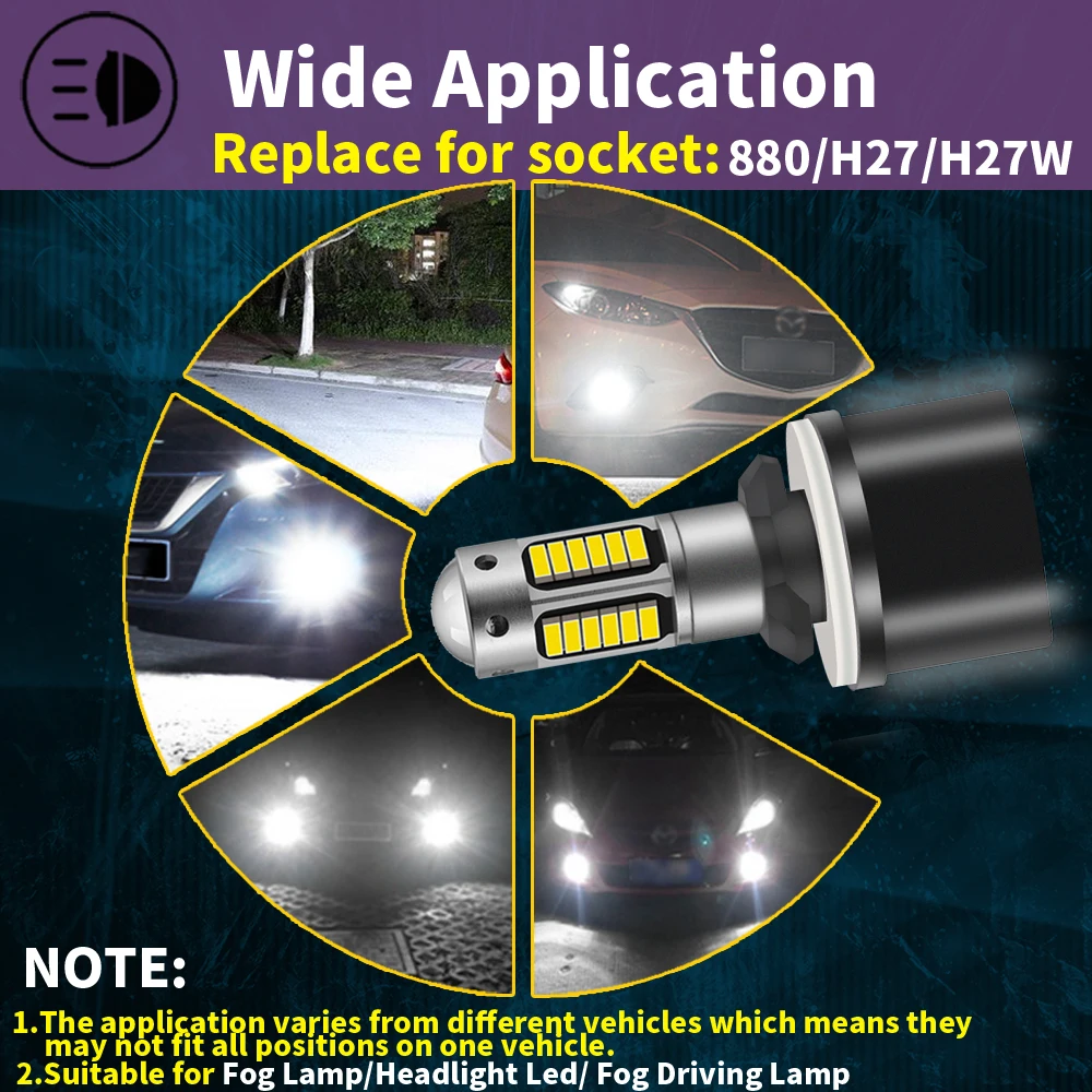 2개 H27W/1 12V H27W1 880 H27 PG13 LED 오토바이 안개등 백색 6000K 헤드라이트 캔버스 라이트 어댑터 불필요 자동차 터보 다이오드 전구