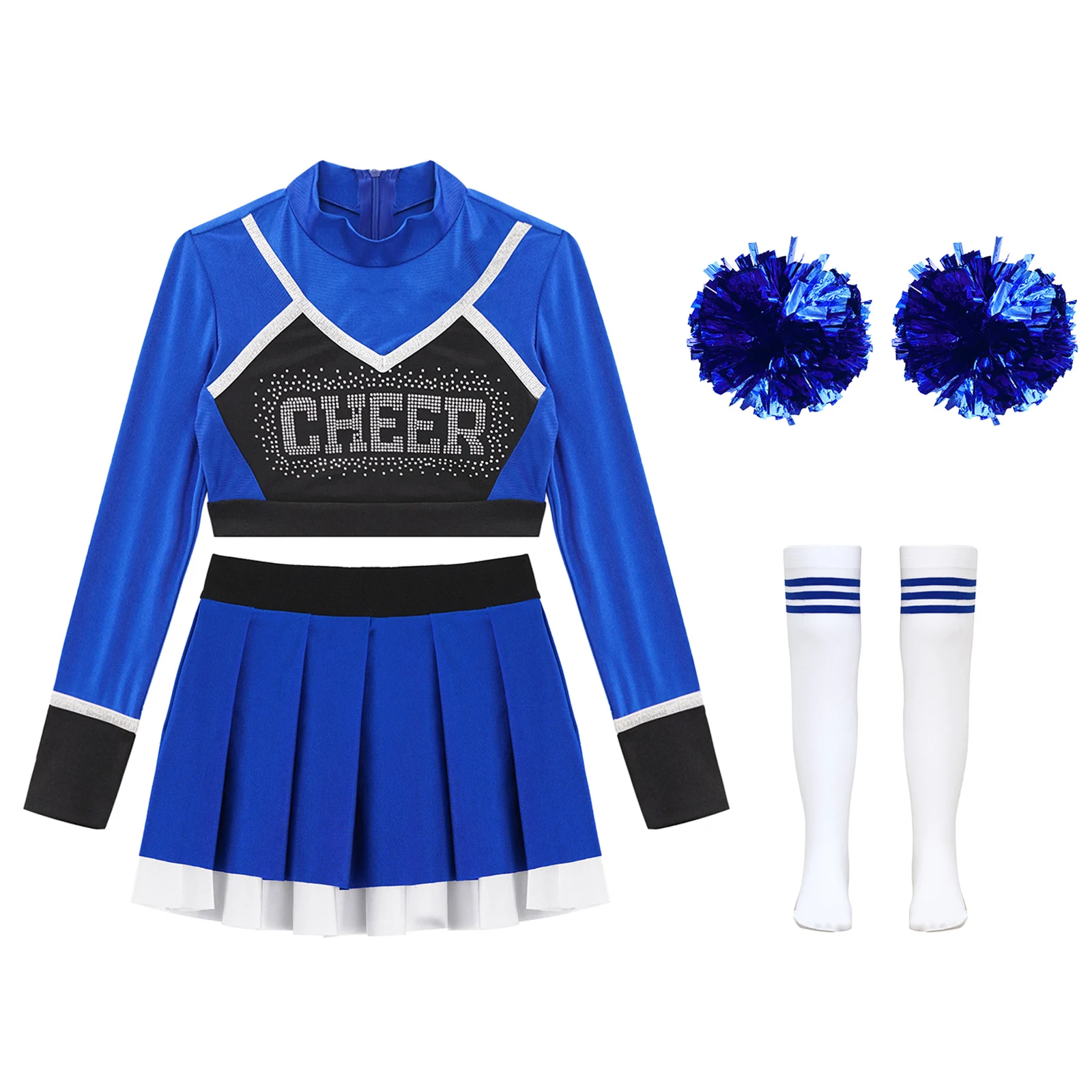 Kid Girls Cheerleading Uniform Cheerlead Dance Outfit Crop Top Pleated Skirt Flower Balls Socks for Cheering Team Dancewear Sets