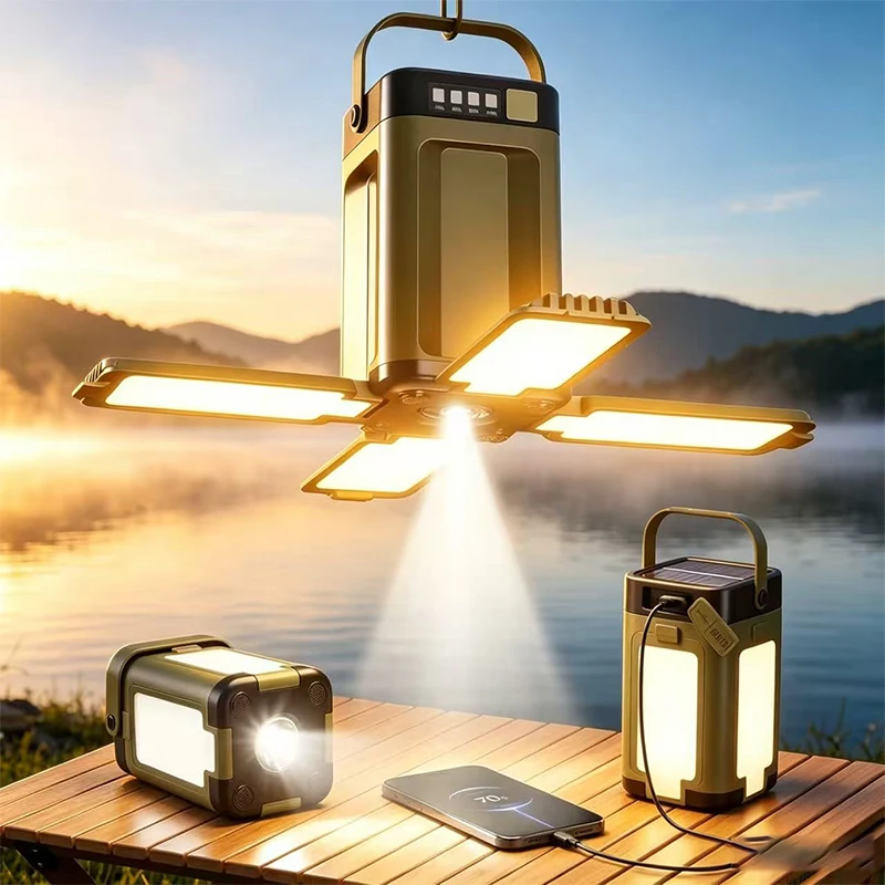 Solar Camping Light Rechargeable, Multifunctional 4-Blade Folding Lantern for Outside with 6 Lighting Modes Portable Tent Lamp image 2