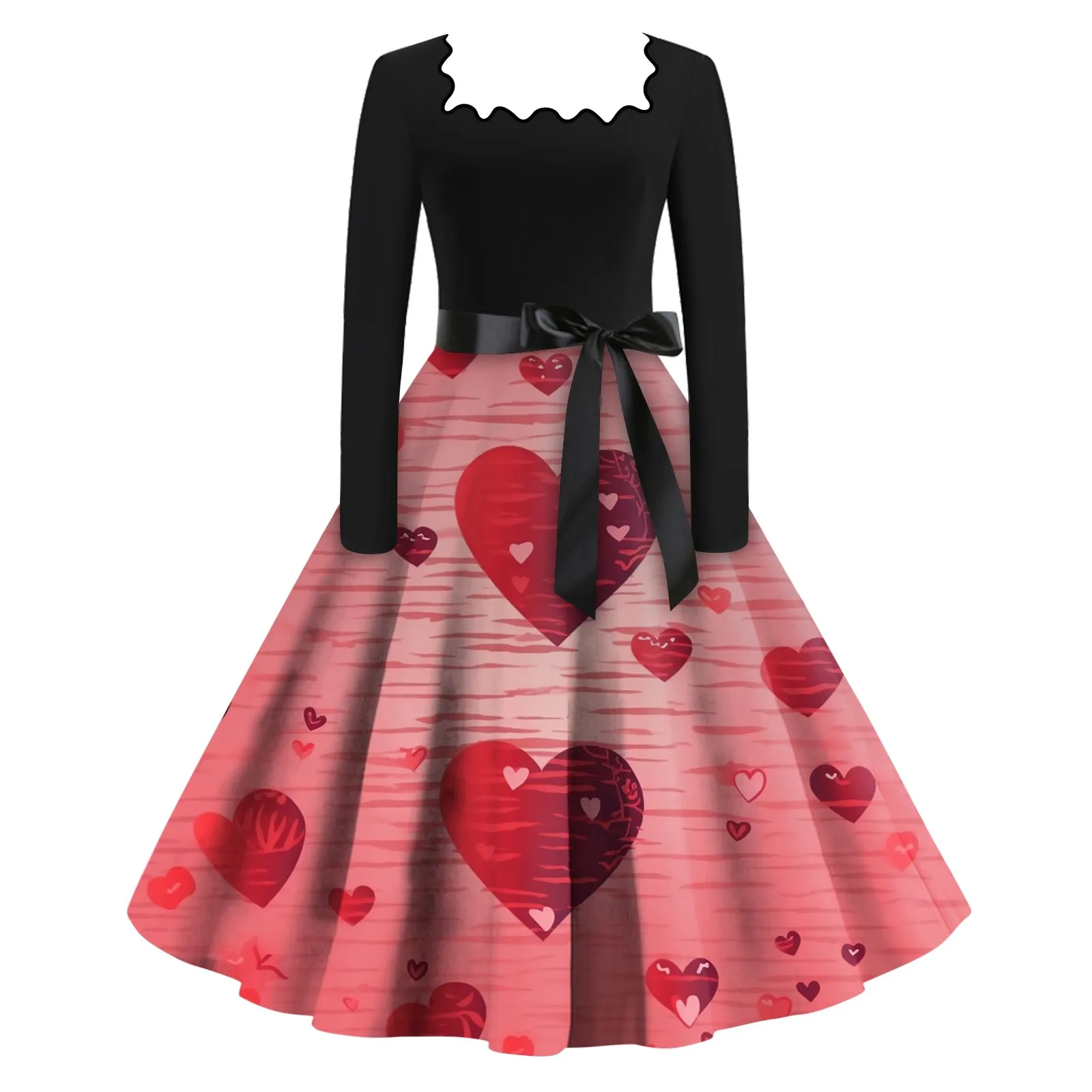 

Women'S Casual Fashion Square Neck Long Sleeve Valentine'S Day Printed Vintage Dresses فساتين نسائيه انيقه Vestidos Casuales