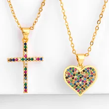 

Ailodo Rainbow CZ Cross Heart Pendant Necklace For Women Fashion Party Wedding Statement Necklace Copper Jewelry Girls Gift