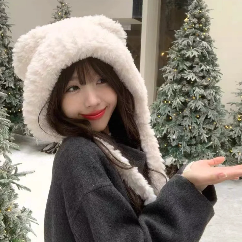 Women's Bear Ear Hooded Hat Fluffy Cute Bear Ear Design Windproof Warm Ear Protection Large Head Size Spring Autumn Winter Cap