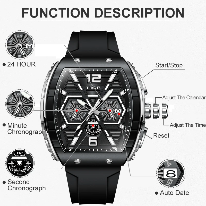 LIGE Mens Watches Top Brand Luxury Military Quartz Watch For Men Fashion Silicone Waterproof Chronograph Clock Male Montre Homme