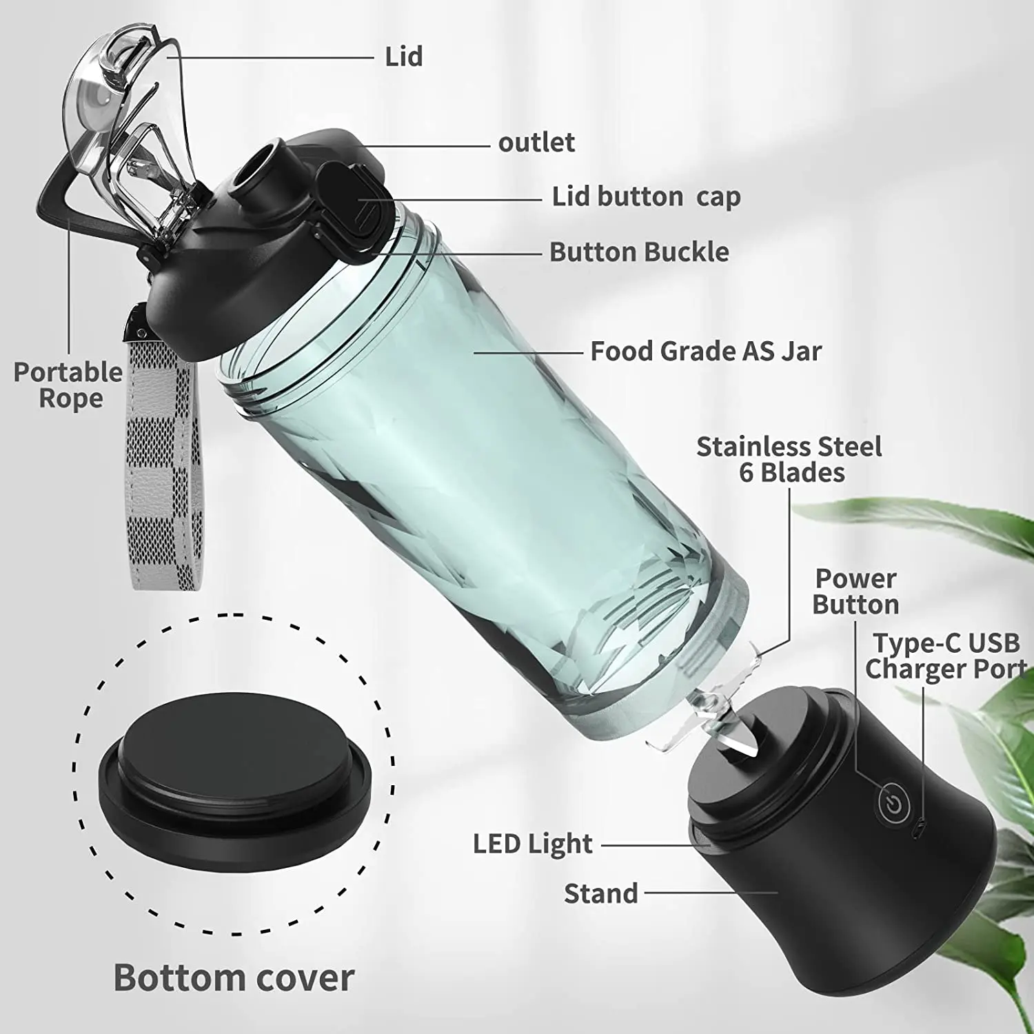 Recarregável, Mini Liquidificador Smoothie, Espremedor Pessoal, Cor, 600ml, 4000mAh