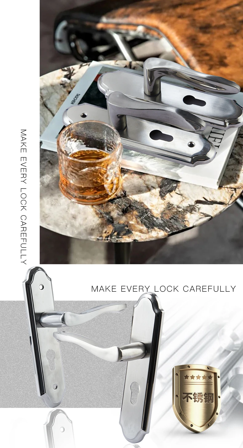 Description Picture 3 of item1 set of stainless steel panel copper lock core silent door lock, universal room door old-fashioned handle lock including key