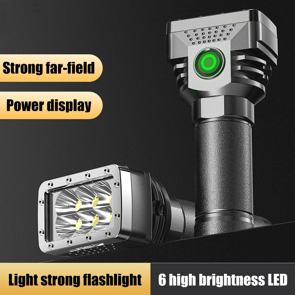 휴대용 충전식 손전등, USB 충전 고휘도 전원 디스플레이, 캠핑 하이킹 비상 조명, 6 LED