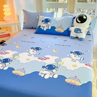 Cartoon Astronaut Printed Fitted Sheet Set with Elastic Band Soft Cotton Mattress Cover Anti-slip Bed Covers 3Pcs Bedding Set 3