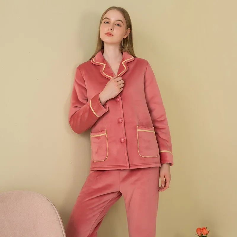 2pcs Fashion Winter Women Thicken Warm Soft Pajamas Sets Pink Red Long Sleeve Home Suit Sleepwear Long Velvet Thicken Pyjamas