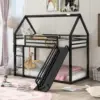 Twin Over Twin Bunk Bed with Slide, Junior House Low Bunk Bed Metal Bunkbeds with Ladder and Full-Length Guardrail for Girl, 1