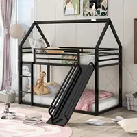 Twin Over Twin Bunk Bed with Slide, Junior House Low Bunk Bed Metal Bunkbeds with Ladder and Full-Length Guardrail for Girl, 1