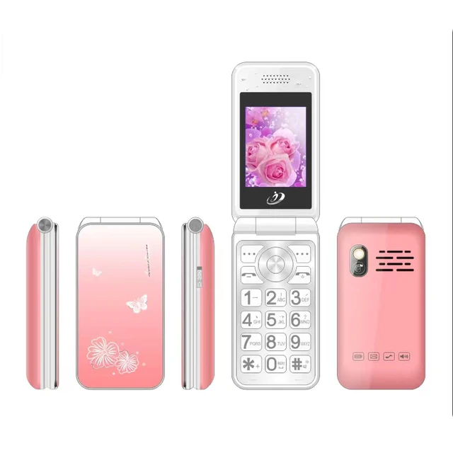 Laday-Big Push Button Flip Mobile Phone, 2.4 "Dual Sim Card, MP3 Wireless, FM, SOS Torch, Cute Cover,Women Clamshell Cellphone,