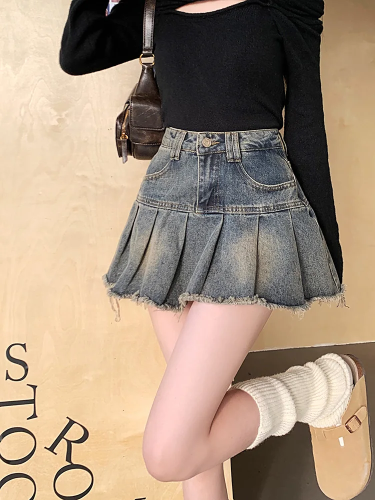 

Slergiri Women's Y2k Vintage A-line Denim Skirts Streetwear High Waisted Girls 90s Washed Raw Hem Pleated Mini Skirts 2024 New