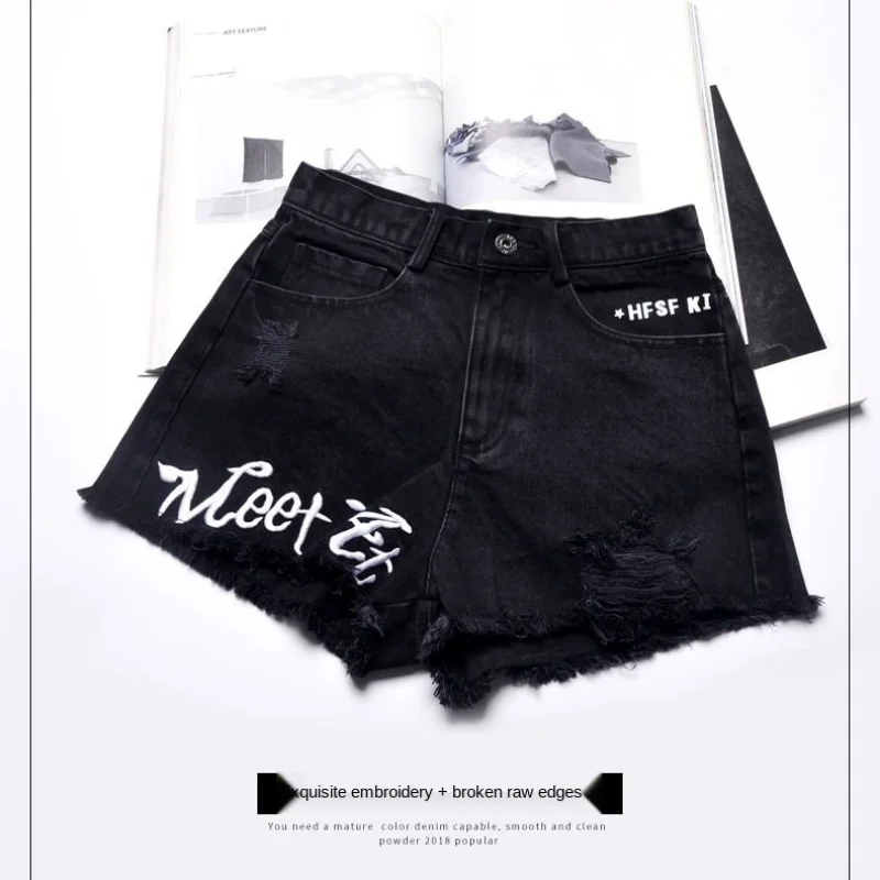 Short Pants for Woman To Wear with Waist Pocket Women's Shorts Jeans Denim Punk Ripped Embroidery Classic Outfits Elasticty Hot