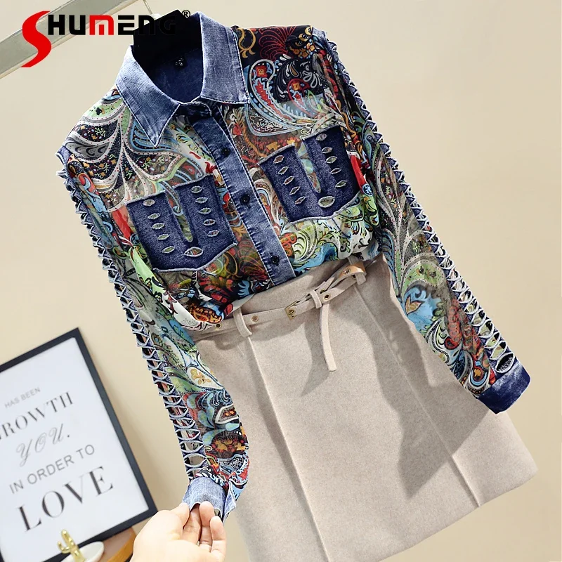 2023 Spring Fall New Korean Hollow Denim Stitching Printing Chiffon Female Shirt Western Style Fashion Button Up Women Blouses