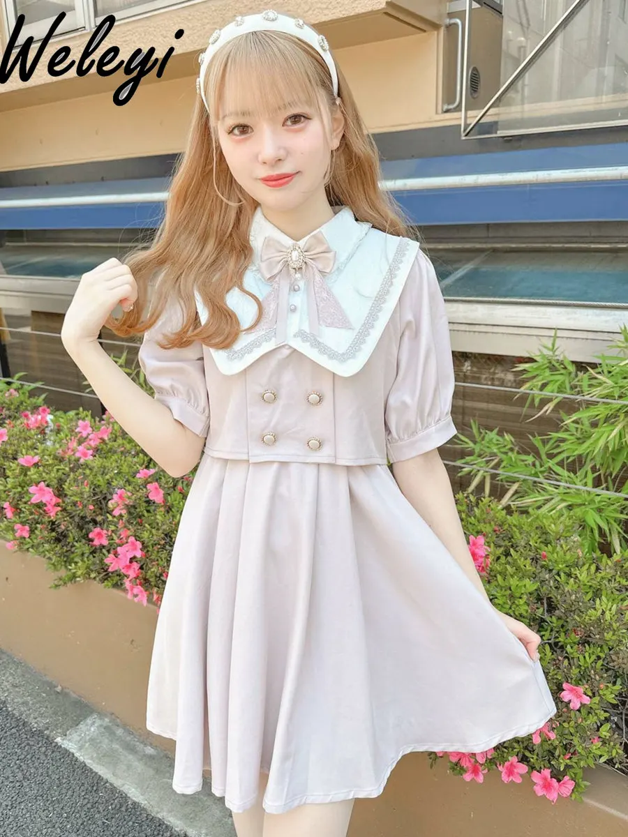 

Rojita Sweet Girl Short Dress 2024 Spring and Summer Sweet Japanese Style Lolita Sailor Neck Short Sleeve Bow Dresses for Ladies