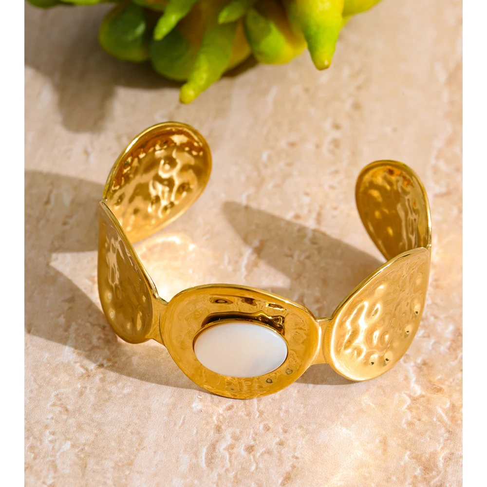 Yhpup Metal Cuff Bracelet PVD Plated Texture Wide Wrist Jewelry
