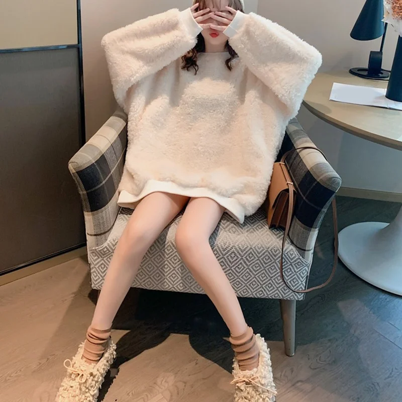 Women Solid Color Loose Plush Jumpers Oversize Blanket Long Sleeve Reversible Sweatshirt Solid Winter Fleece Pullover for Female 100% pure mink cashmere sweater o neck pullovers knit large size mink sweater winter new tops long sleeve high end jumpers