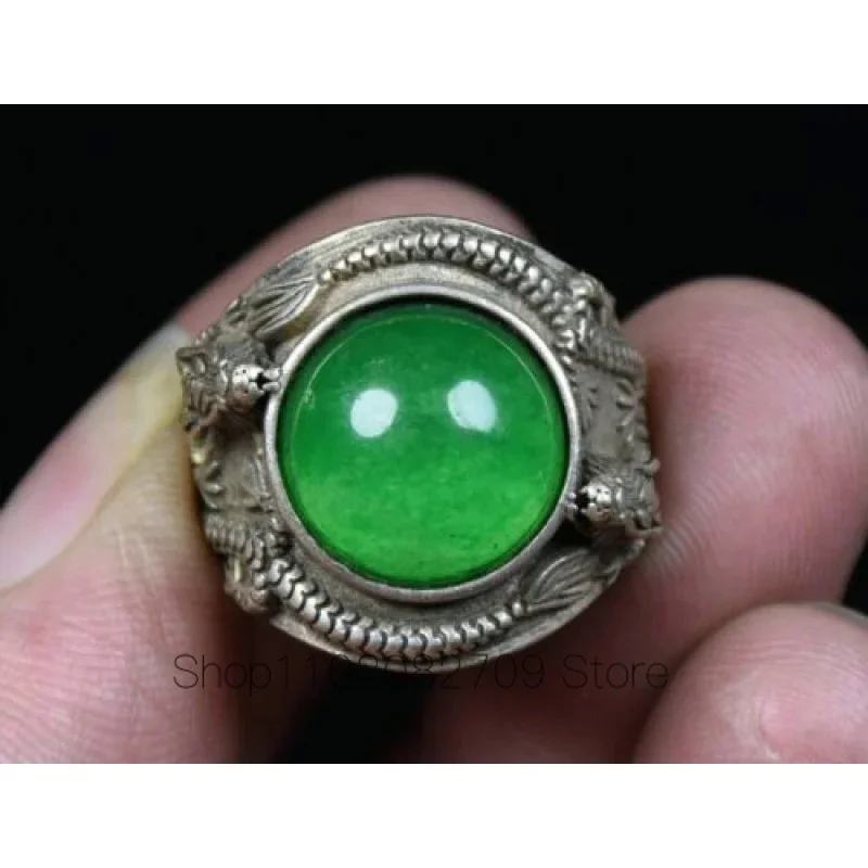 2.5Cm Rare Old China Miao Silver Intarsiato Gem Feng Shui 2 Dragon Lucky Ring