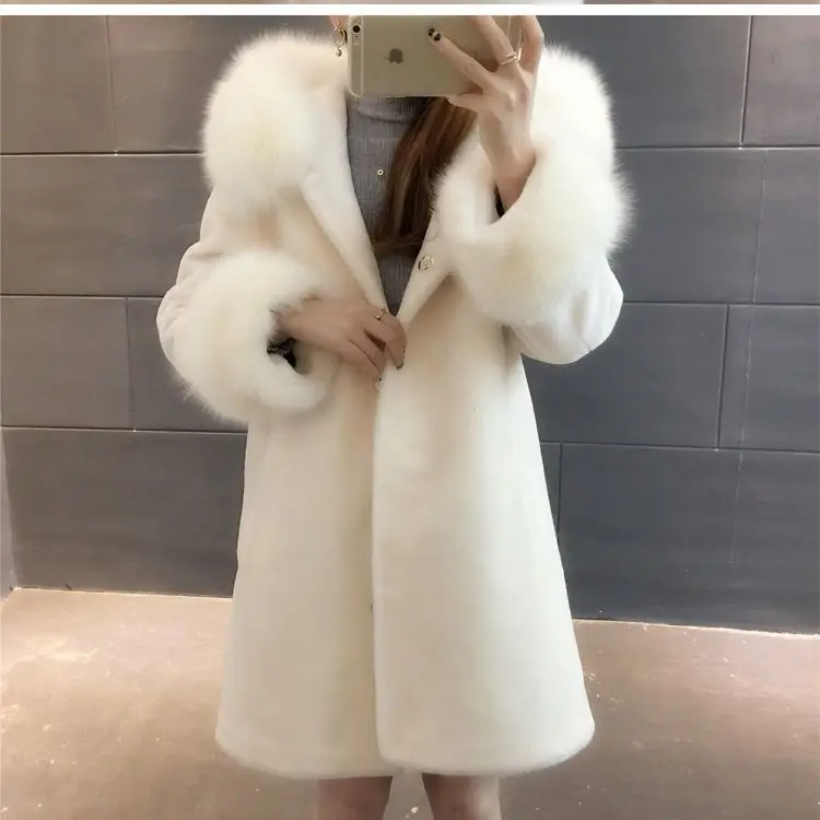Imitation Fox Hair Winter New Hooded Sheep Sheared Fur Coat Wool Coat Women's Medium And Long Thickened Korean Slim Fit