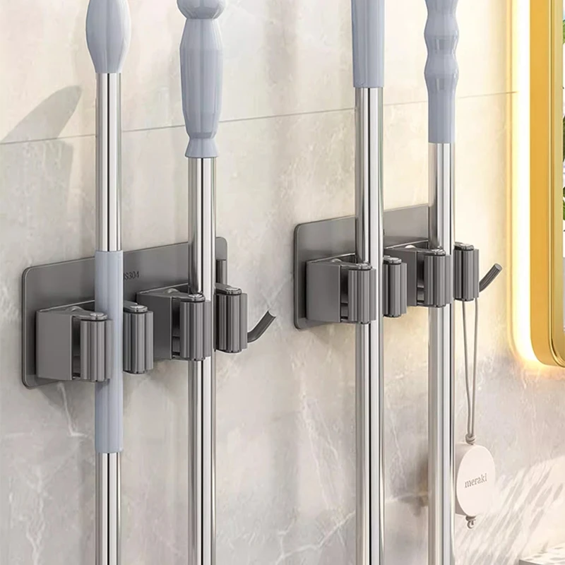 Bathroom Mop Holder Self-adhesive Wall Mounted Broom Stand Sweeping Brush Storage
