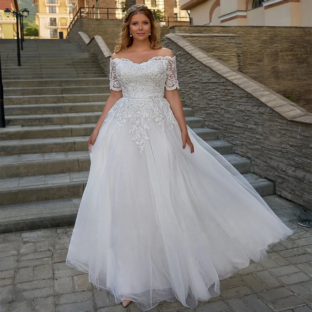 

Short Sleeve Beading Vestido De Noiva Off The Shoulder Plus Size Wedding Dress Appliques Vestidos De Novia