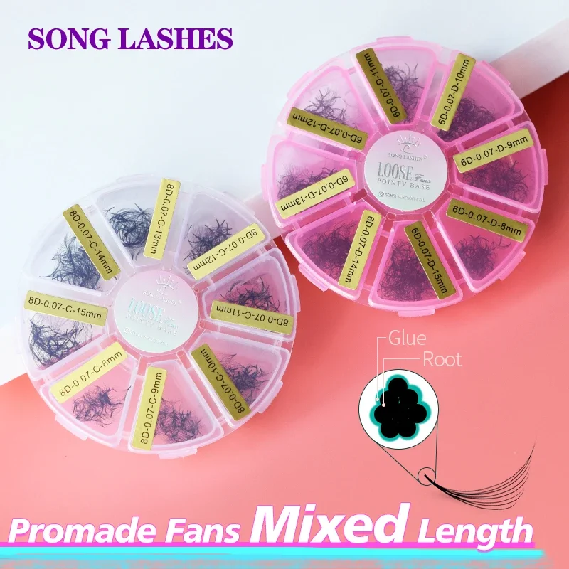 Song Lash Premade Russian Volume Fan Mixed Length Eyelash Extension Sharp Pointy Stem Premade Lashes Extension Thin Root 3d /14d