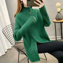 Simplicity All-match Turtleneck Sweaters for Female Autumn Winter Fashion Korean Solid Split Knitted Pullovers Women's Clothing