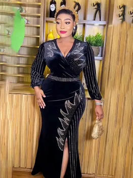 Fegor Long Sleeve V-neck Velvet Dress