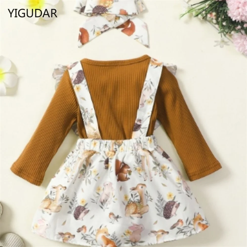

3Pcs Newborn Dress Baby Girl Dress Romper + Floral Print Suspender Skirt + Headband Long Sleeve Spring AutumnToddler Dress