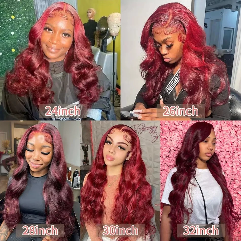 28 Inch 99j Burgundy Lace Front Wigs Human Hair Red Burgundy Wig 250% Density 13x4 Body Wave Lace Front Wigs Pre Plucked 6