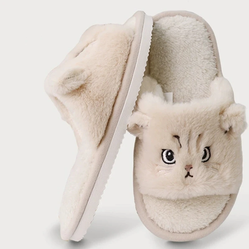 Cute Cartoon Cats Women's Fur Slippers Non Slip Flat Heel Home Slippers Women Winter 2025 Faux Fur Warm Cotton Slippers Indoor