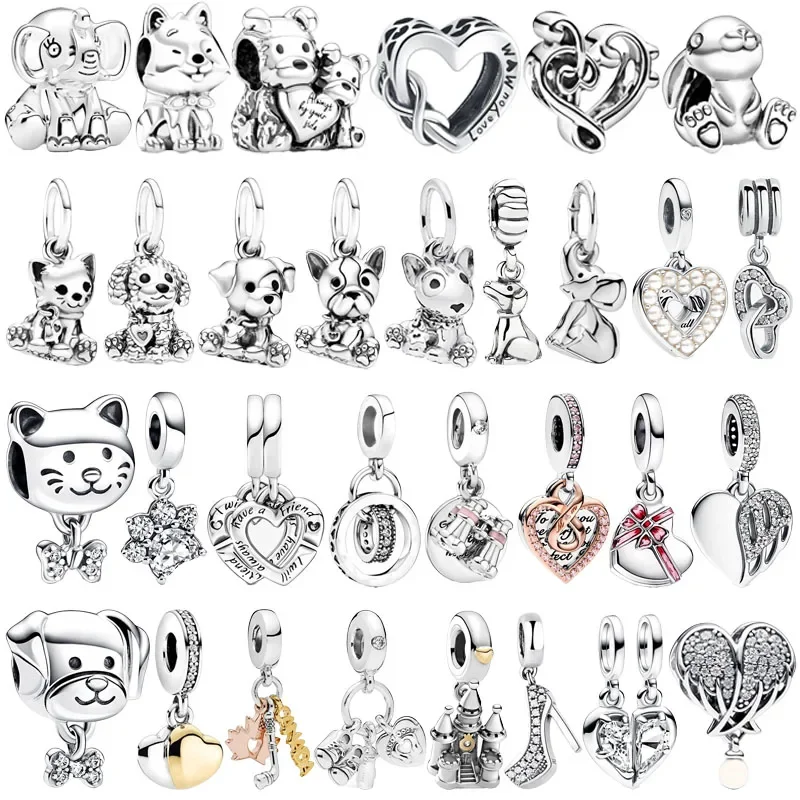 Hot Original 925 Sterling Silver Animal Cat Dog Puppy Heart Wings Beaded Pendant for Pandora DIY Bracelet Ladies Jewelry Gift