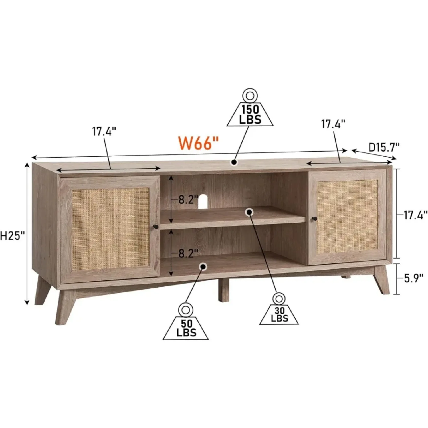 TV Stand for 75+ Inch TV, Modern Entertainment Center w/Natural Rattan Door, Storage Shelves, Large Boho Media TV Console