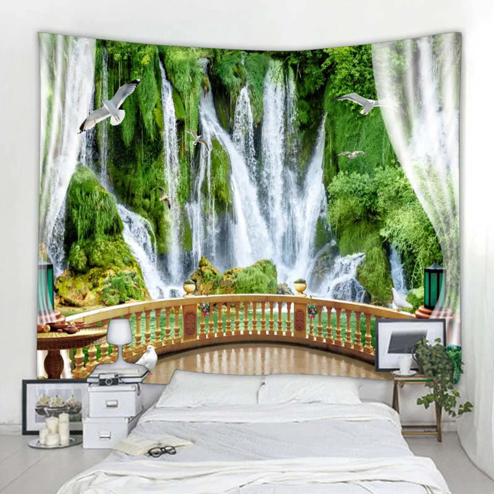 Imitation window landscape tapestry, wall hanging cloth, sea view, waterfall, living room, bedroom, home wall fabric decoration