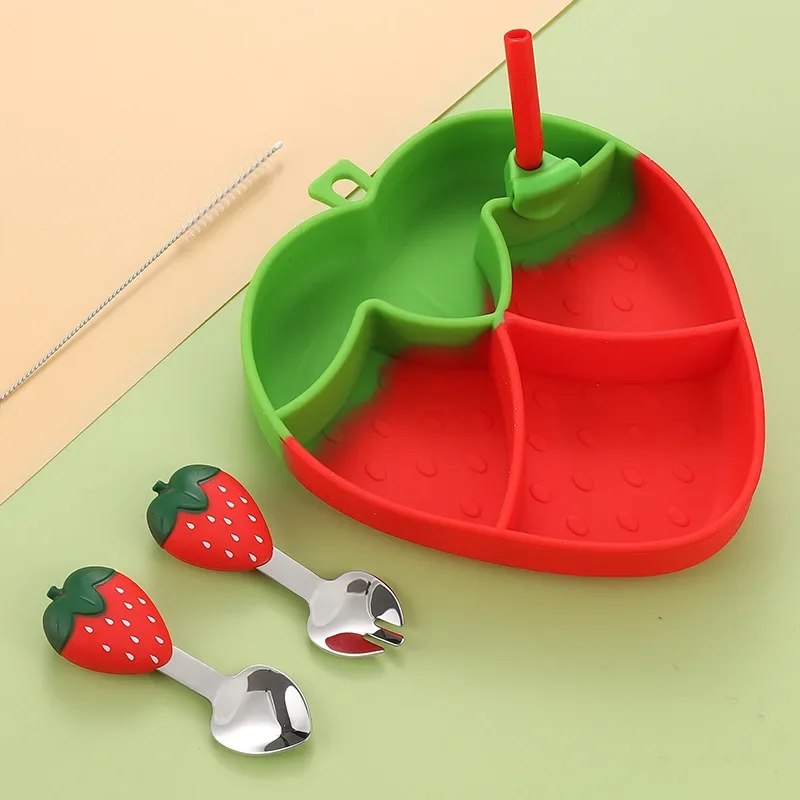 

Silicone Dining Plate Suction Strawberry Children Dishes Feeding Toddler Training Tableware Cartoon Kids Plate Set BPA free