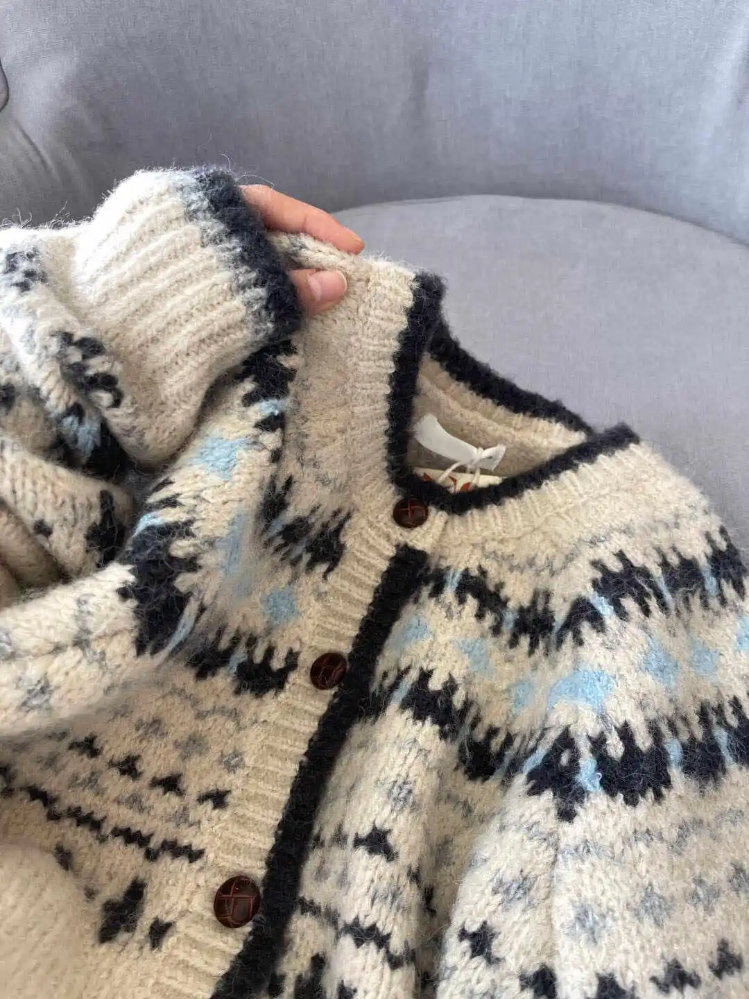 Cardigan Vintage Années 80 SK Company | Boutons Nacrés Bleu | Taille Petites | Occasion Très Bon état