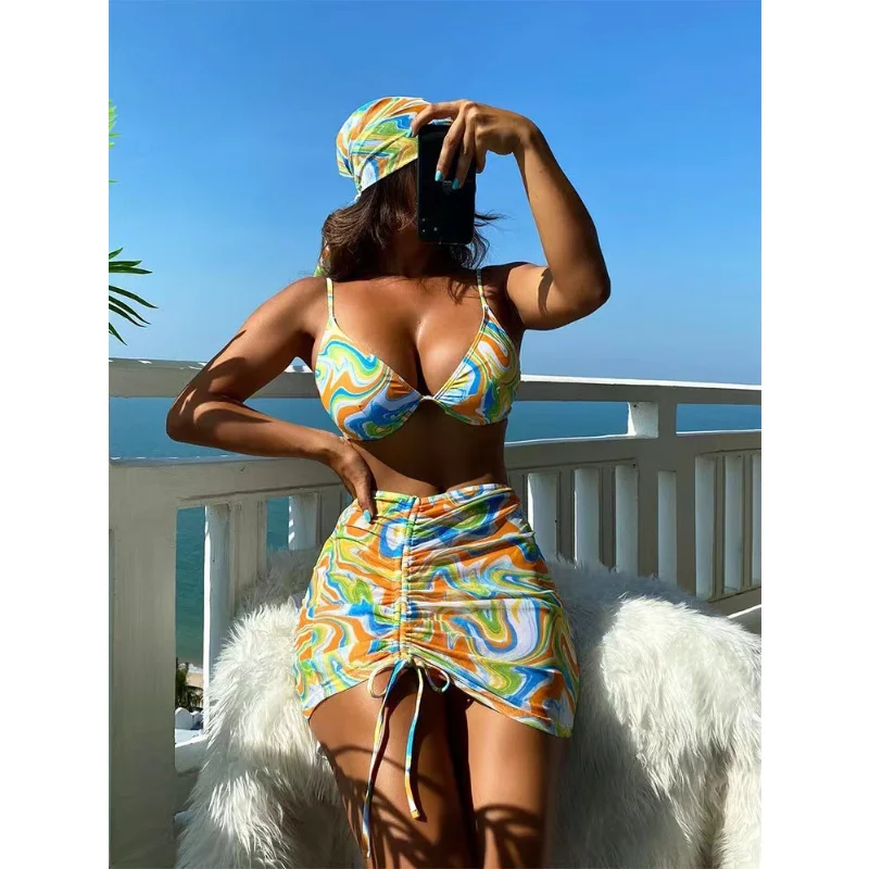 

2023 New Summer Women's Fashion Underwire Three-Piece Printed Striped Bikini Drawstring Split Swimsuit with Chest Pad