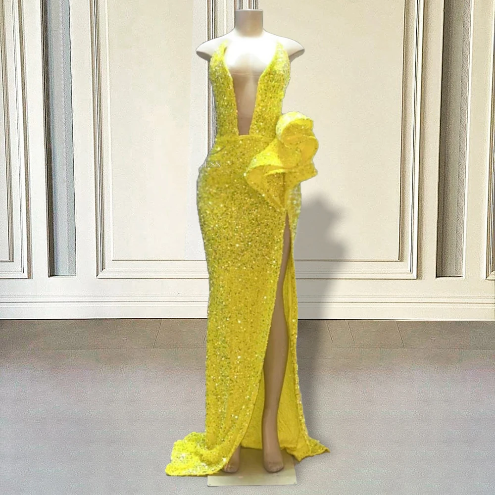 

Sparkly Sequin Yellow Mermaid Long Prom Dress with Slit 2023 Sexy V Neck Girls Women Formal Evening Gowns for Graduation Party