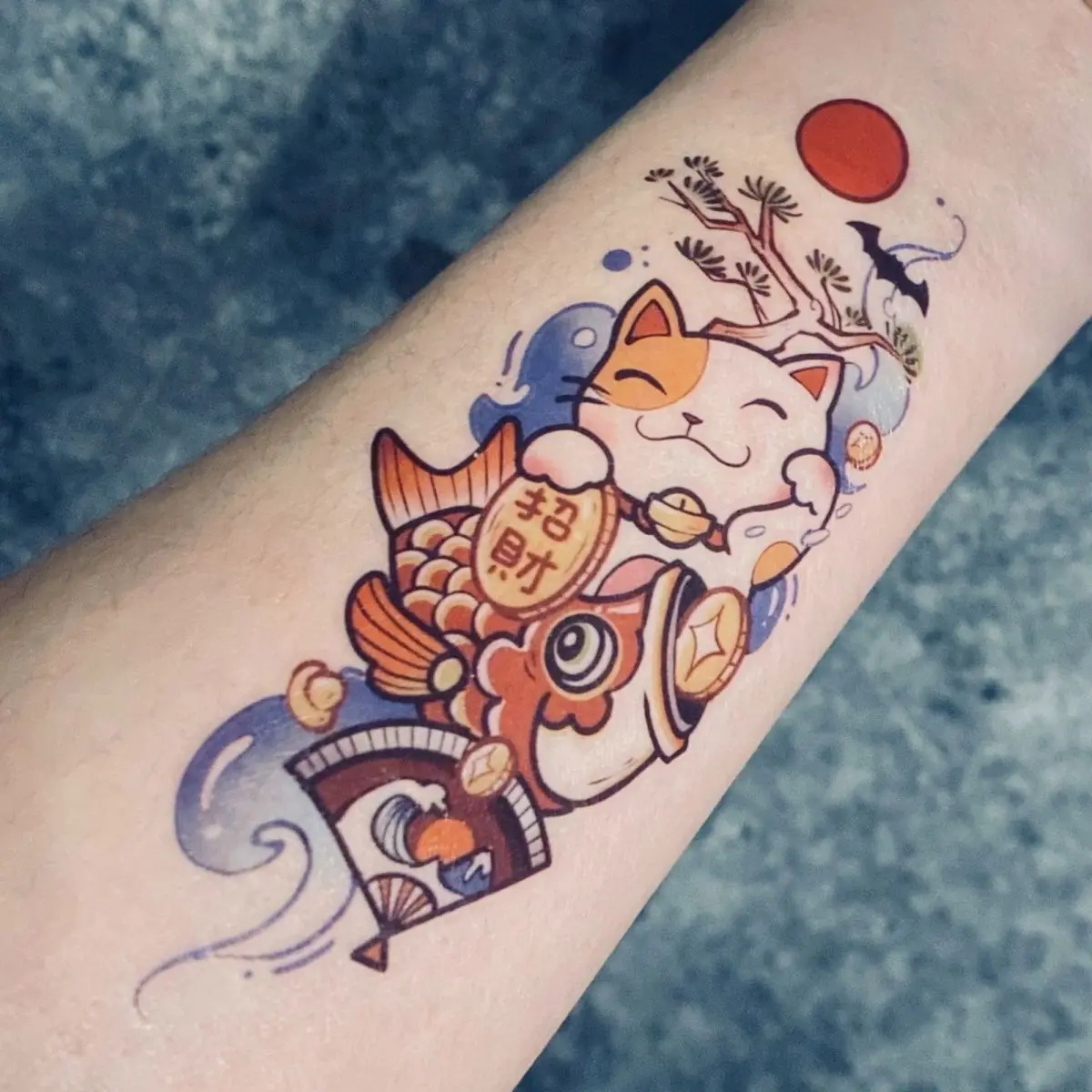 4Pcs Set Cartoon Temporary Tattoo Stickers Japanese Ukiyoe Red Sun Fish Cat Wealth Tattoo Waterproof Fake Tattoos Women Man tattoo sticker temporary tattoos