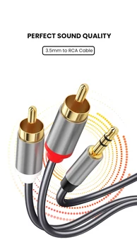 3.5 mm otsikuga kaabel, millel on kaks RCA pistikut
