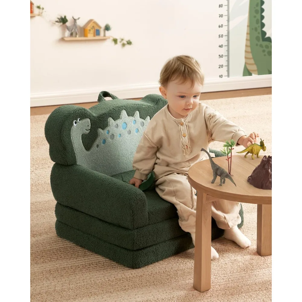 Kids Couch, 2-in-1 Soft Toddler Couch Fold Out, Toddler Chair Comfy, Convertible Sofa to Lounger with Cute Dinosaur Designs 3
