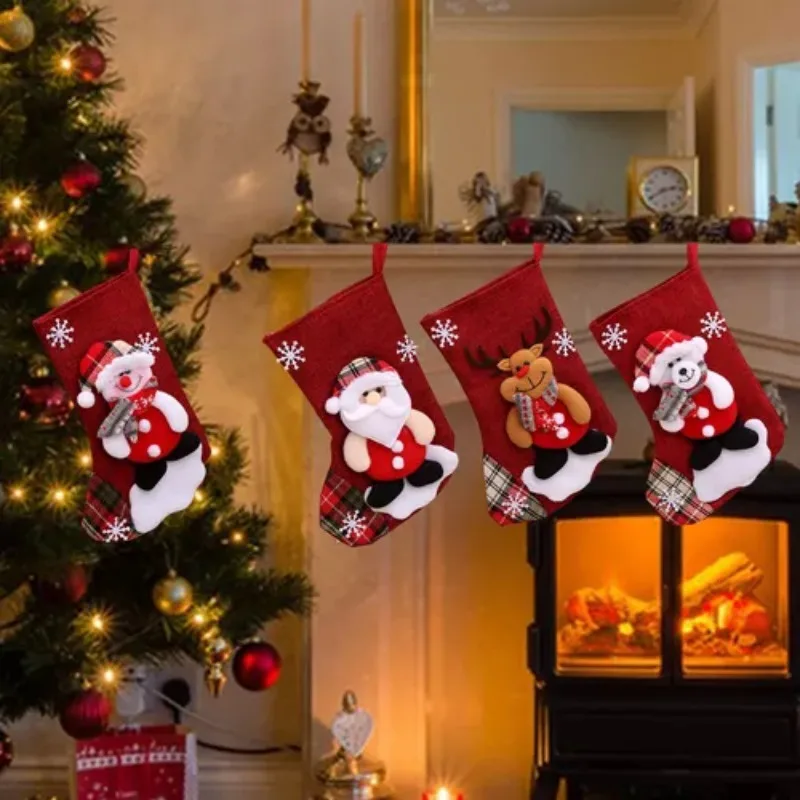 4PCS Christmas Stocking Set Santa Snowman Reindeer Bear Plush Stockings for Holiday Decor Festive Xmas Decorations for Home
