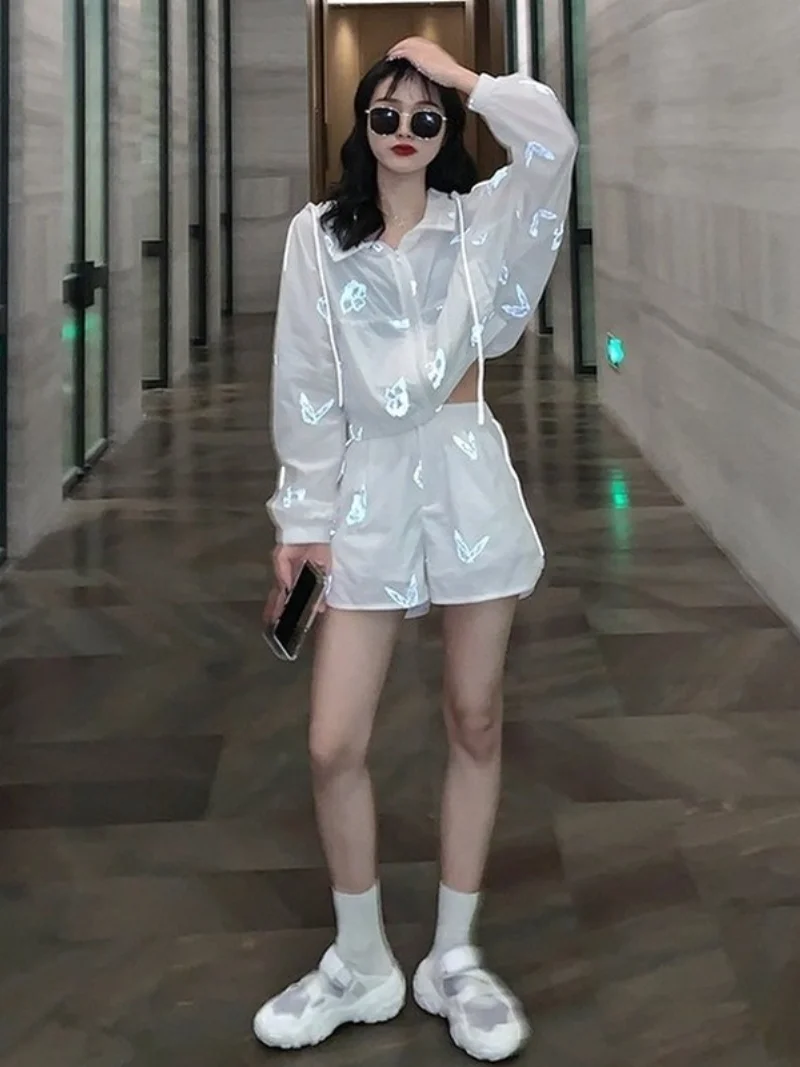 Hooded Thin Loose Top and Short Pants Butterfly Reflective Girl Sexy Streetwear Gothic Sportswear Women Summer Two Piece Sets