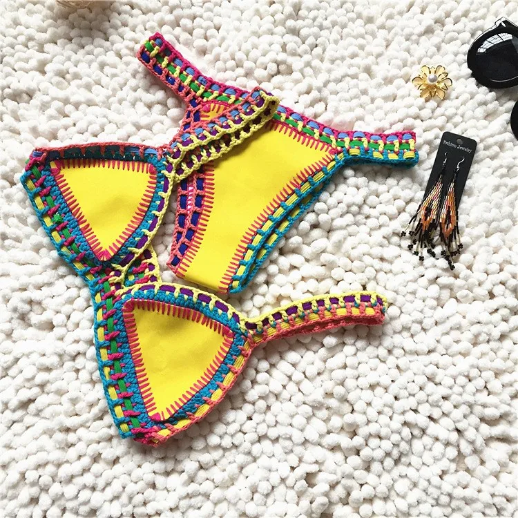 Micro Bikini 2021 Women Handmade Crochet Knit Swimwear Halter Patchwork Bathing Suit Swimsuit Biquini Thong Bikini traje de bano
