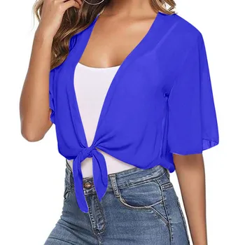 Women Tie Front Chiffon Short Sleeve Cropped Sheer Bolero Cardigan Hin Shirts For Woman 2024 Summer Clothing Lace Shawl 6