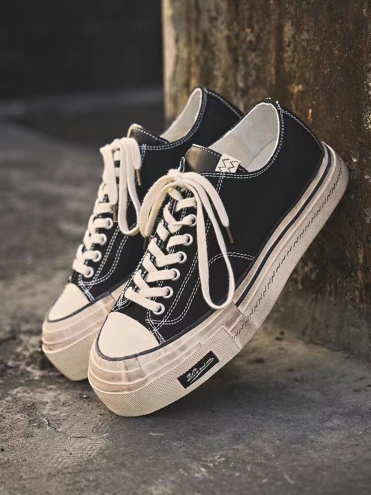 Visvim Skagway Lo 캔버스 워른인 로우탑 스웨이드 슈즈 두꺼운 바닥 높이가 높아지는 내구성이 뛰어난 캐주얼 남성 신발 모든 계절에 적합