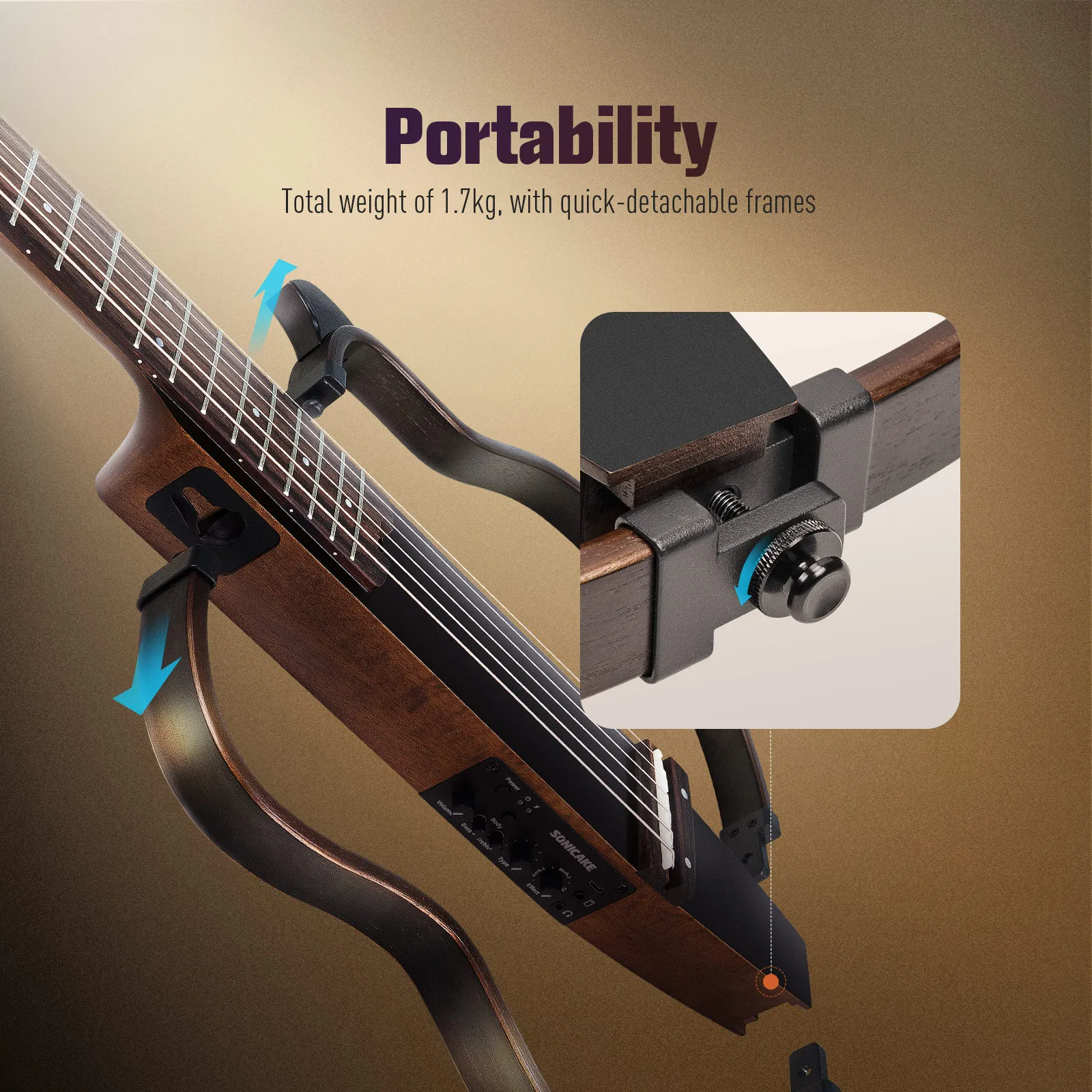 SONICAKE Silent Acoustic Electric Travel Guitar Solid Mahogany Body Assembly Frames Rechargeable Pre-amp Gig Bag All Accessories