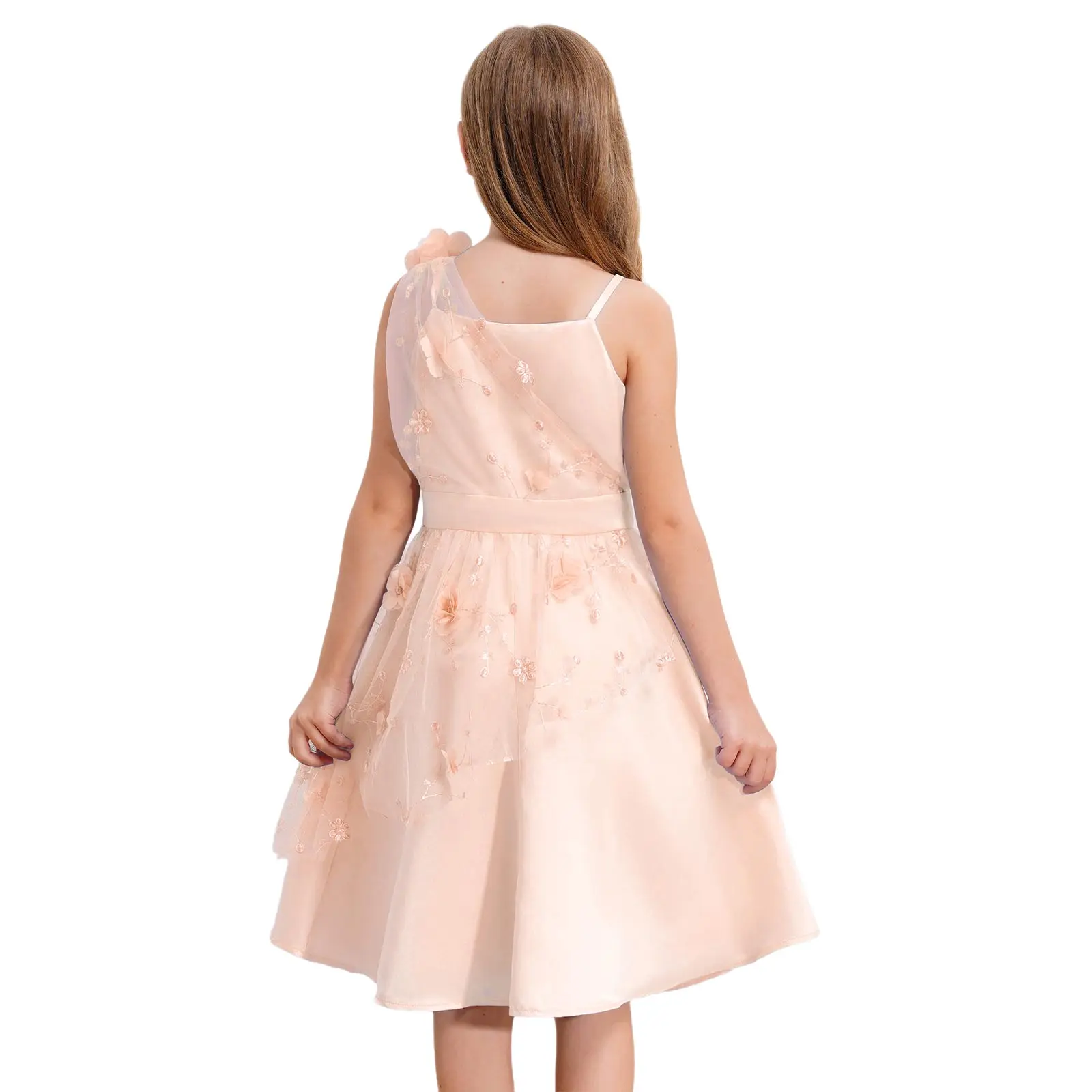 Kinder Blumenmädchen Blumen besticktes Tüllkleid Spaghettiträger hohe Taille Kleider formelle Hochzeit Geburtstag Party Abendkleid – Detail 15