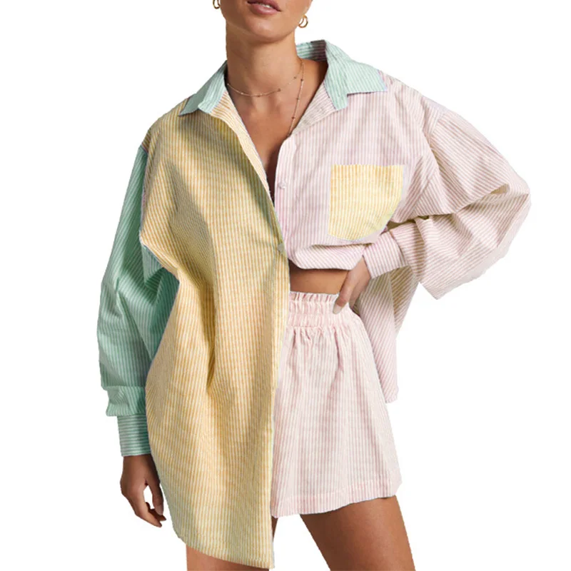 Summer Women Two Piece Set Patchwork Striped Shirt Shorts Suit