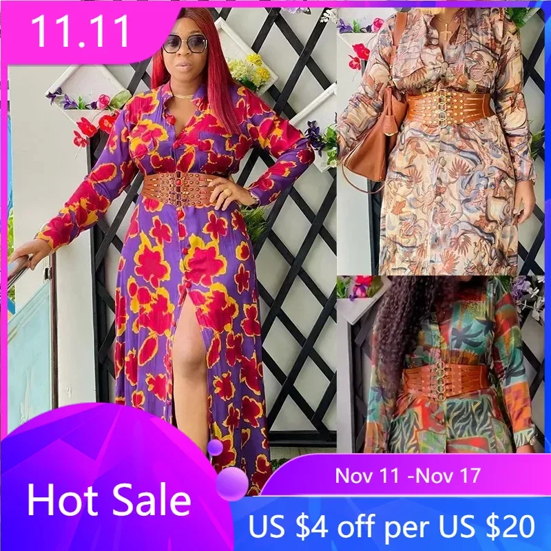 

African Dresses for Women Traditional Africa Long Sleeve V-neck Print Caftan Dress Muslim Fashion Abaya Dashiki African Clothing